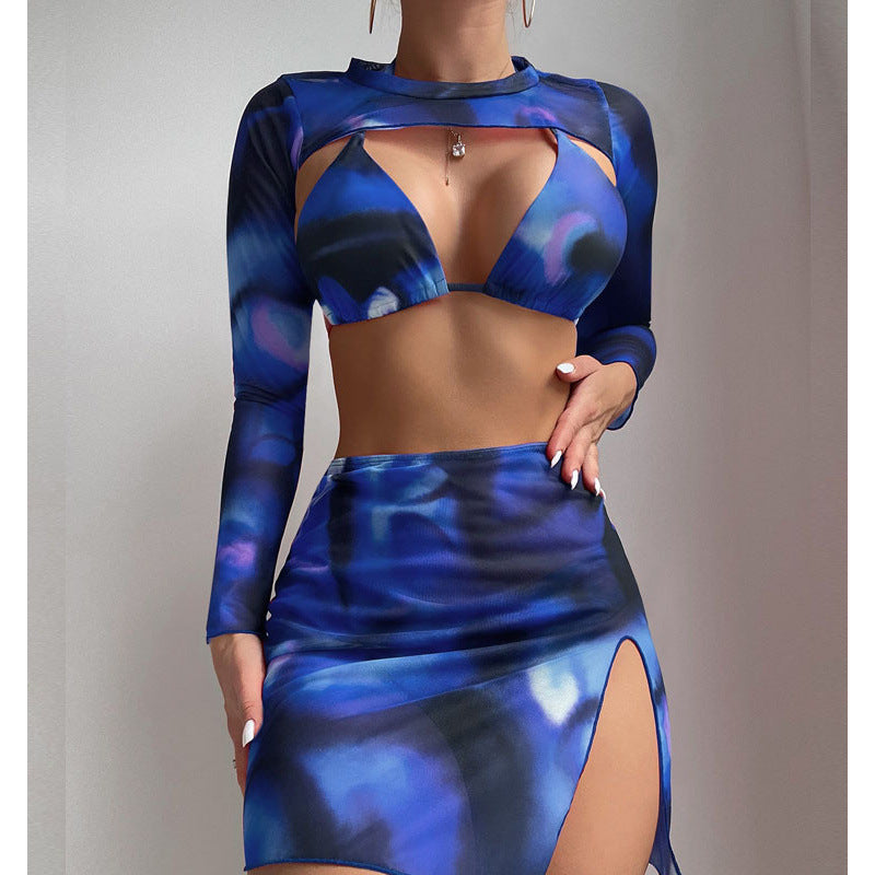 Damen Modisches Crop-Top mit Langen Ärmeln und Hoch sitzendem Rock EB