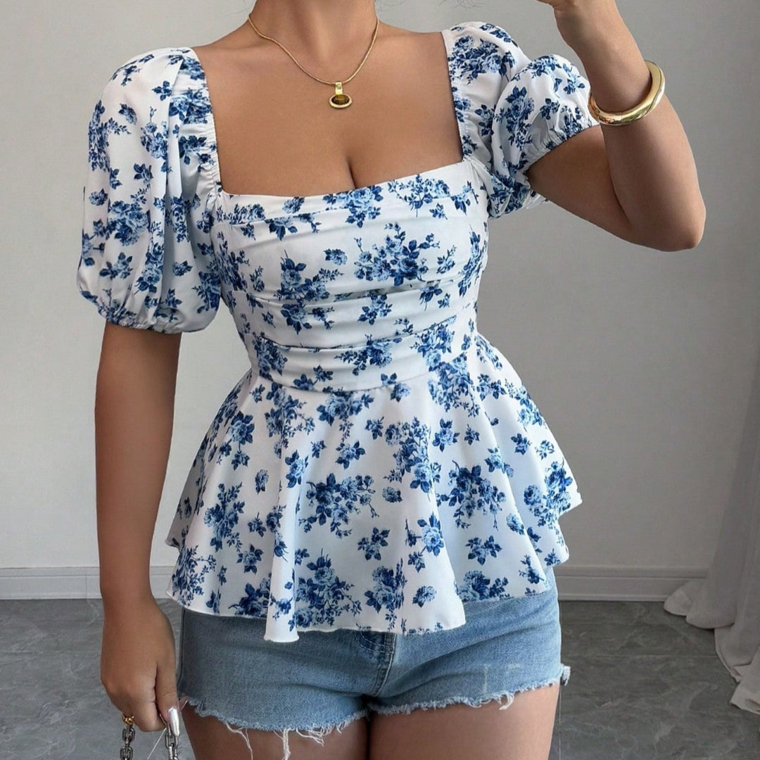 Damen Blusentop mit blumendem Muster und Wickel-Effekt EB