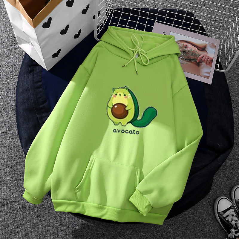 Damen nan Oversize-Fleecehoodie mit weichem Innenfutter, Kängurutasche und Avocato-Cartoonmotiv EB
