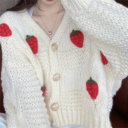 Damen Grober Strickcardigan mit Blumenstickerei und funkelnden Knöpfen EB