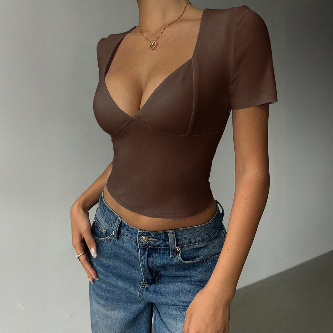 Damen Oberteil mit tiefem V-Ausschnitt und figurbetonter Silhouette EB