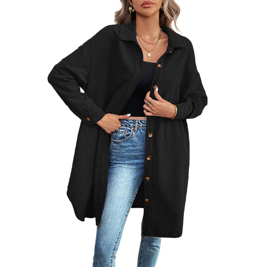 Damen lange Oversize-Cord-Hemdjacke mit durchgehender Knopfleiste und Hemdblusen-Kragen Eichborn Berlin