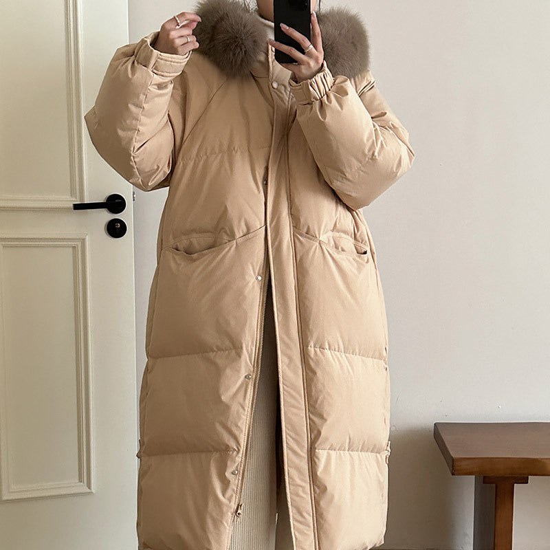 Damen Lange gefütterte Winterjacke mit hochwertigem Kunstfellkragen und praktischen Taschen EB