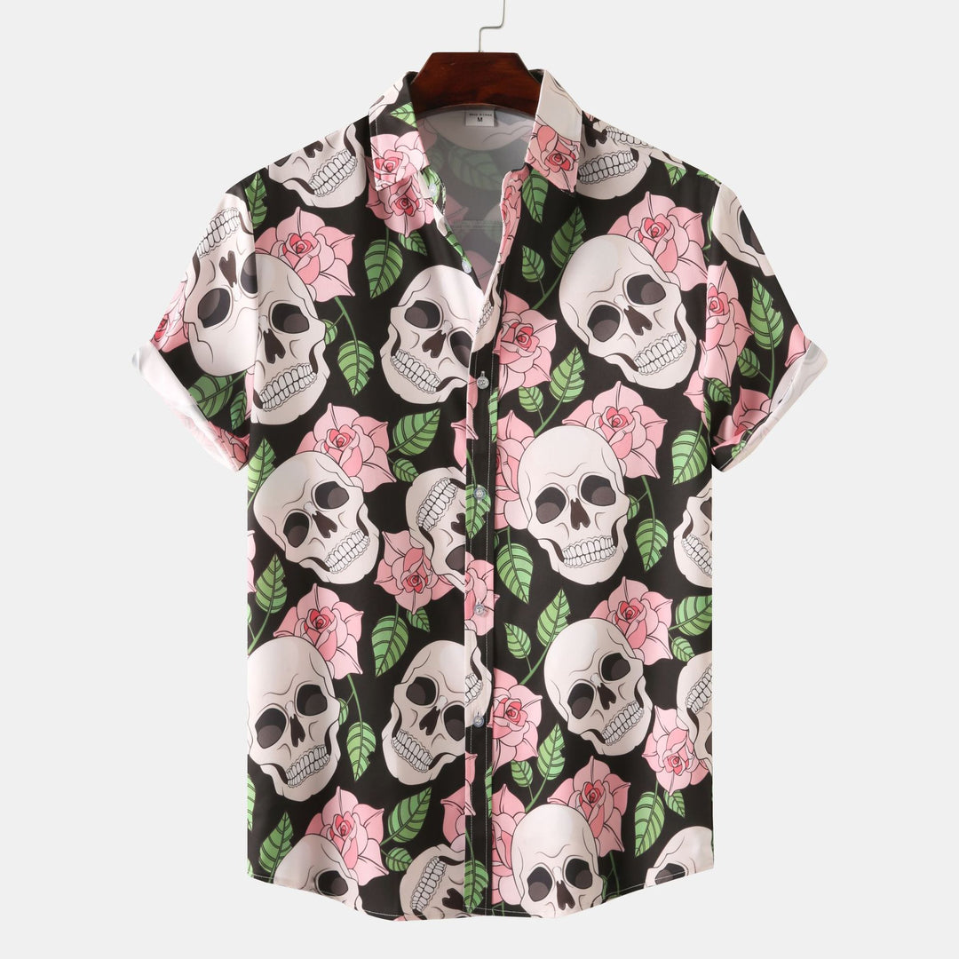 Herren Kurzarmhemd mit kreativem Totenkopf- und Blumenmuster EB 1757487585