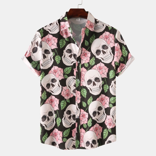 Herren Kurzarmhemd mit kreativem Totenkopf- und Blumenmuster EB 1757487585