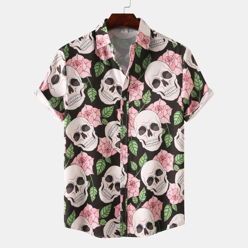 Herren Kurzarmhemd mit kreativem Totenkopf- und Blumenmuster EB 1757487585