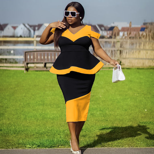 Damen Peplum Kleid mit kontrastierenden Akzenten und figurbetontem Schnitt EB
