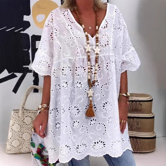 Damen Bluse mit floralen Stickereien und weiten Ärmeln EB