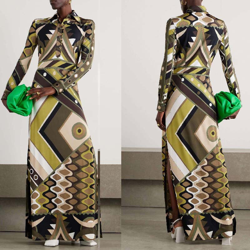 Damen Maxikleid mit geometrischem Muster und Knopfdetails EB