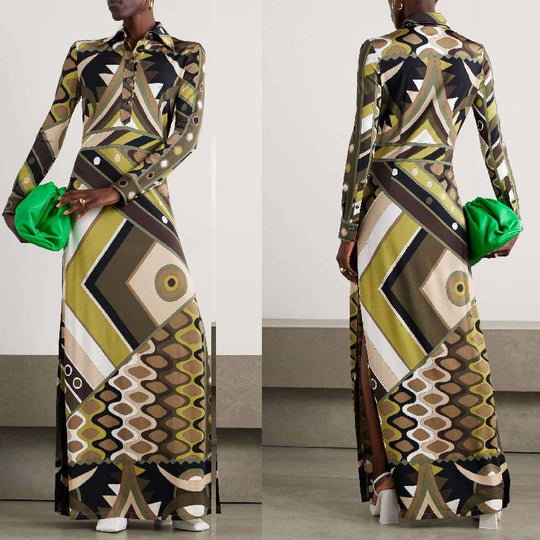 Damen Maxikleid mit geometrischem Muster und Knopfdetails EB