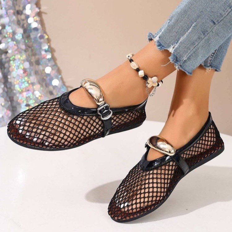 Damen atmungsaktive Mesh-Ballerinas mit dekorativen Schnallen und rutschfester Sohle EB
