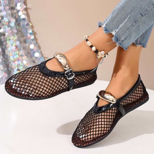Damen atmungsaktive Mesh-Ballerinas mit dekorativen Schnallen und rutschfester Sohle EB
