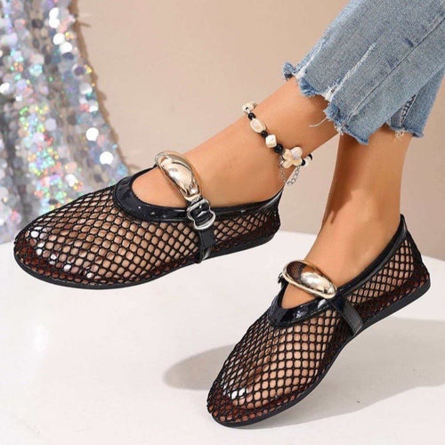 Damen atmungsaktive Mesh-Ballerinas mit dekorativen Schnallen und rutschfester Sohle EB