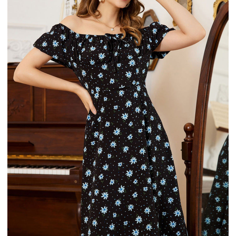 Damen Maxikleid mit voluminösen Rüschenärmeln und floralem Design EB