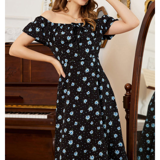 Damen Maxikleid mit voluminösen Rüschenärmeln und floralem Design EB