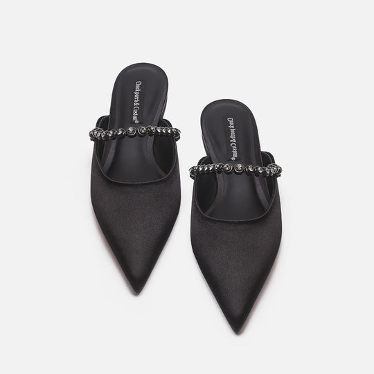 Damen elegante Pantoletten mit glitzerndem Riemen und spitz zulaufender Form EB