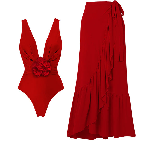 Damen Eleganter V-Ausschnitt Badeanzug mit dekorativem Blumenarrangement EB