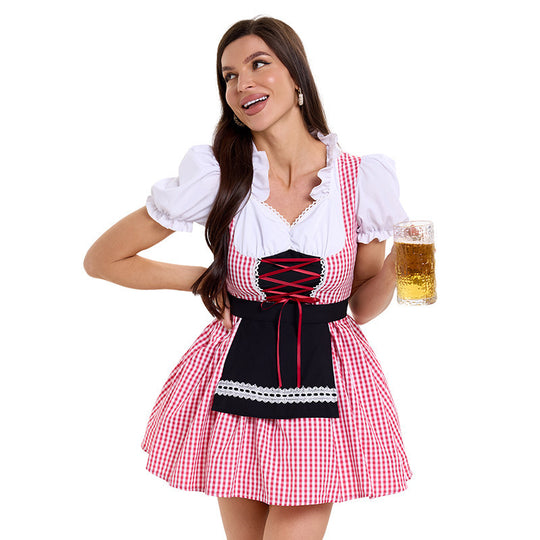 Damen Trachtenkleid im modernen Latzdesign mit nostalgischen Karomustern und verspieltem Schürzenakzent EB