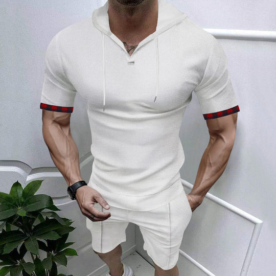 Herren sportliches Kurzarm-Hemden- und Shorts-Set mit Kapuze und kontrastierenden Ärmelabschlüssen EB