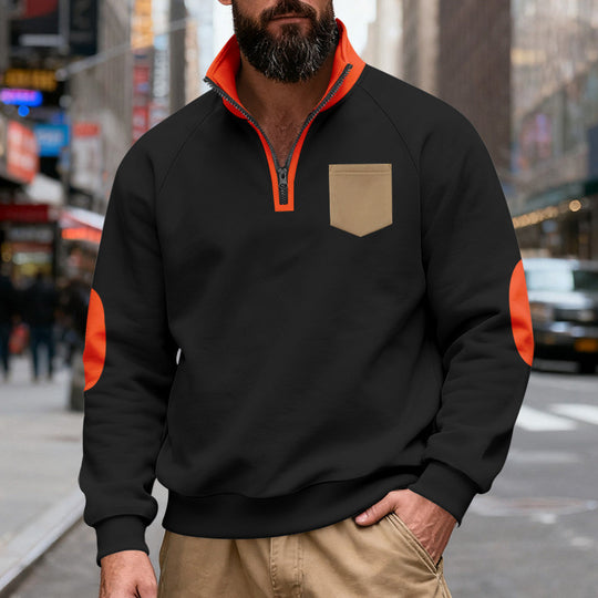 Herren nan Quarterzip-Sweatshirt mit Stehkragen, kontrastiertem Reißverschluss, Ellbogenpatches und Brusttasche EB