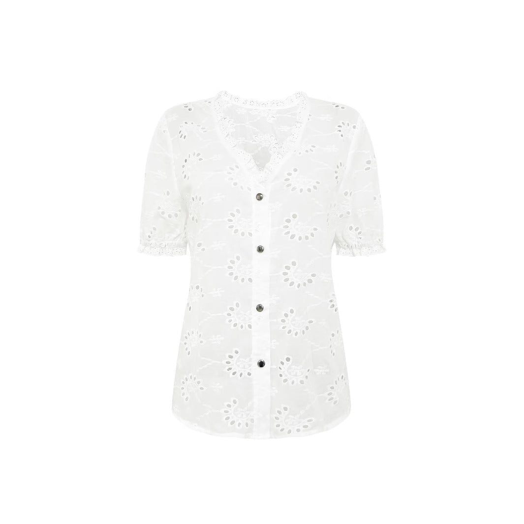 Damen luftiges Blusenshirt mit kunstvollen Lochmustern und Knopfdetails EB