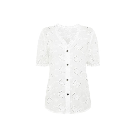 Damen luftiges Blusenshirt mit kunstvollen Lochmustern und Knopfdetails EB