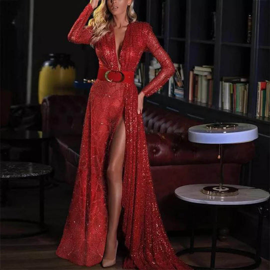 Damen Glitzerndes Abendkleid mit tiefem V-Ausschnitt und Eleganter Schleppe EB