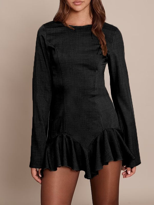 Damen Figurbetontes Langarm-Minikleid mit taillierten Nähten und Volant-Saum EB
