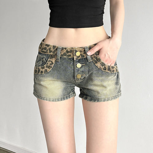 Damen Kurze Jeansshorts mit Leopardenmuster und gerafftem Bund EB