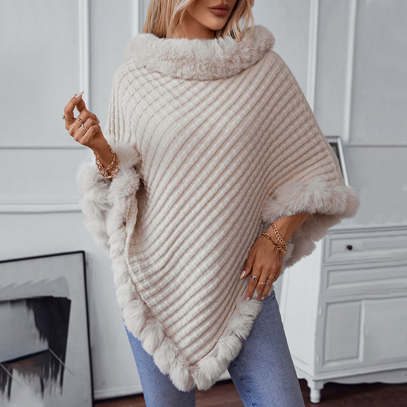 Damen kuschelige Strickdecke mit luxuriösem Kunstfellbesatz EB