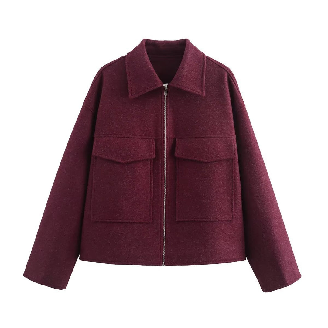 Damen lässige Wolljacke mit praktischen Brusttaschen und hochwertigem Reißverschluss EB