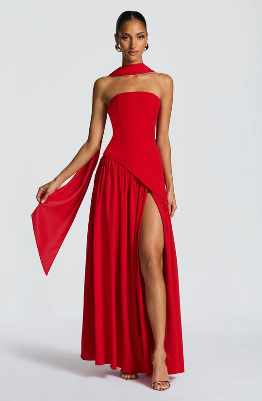 Damen Maxikleid mit figurbetontem Oberteil und schwingendem Rock EB