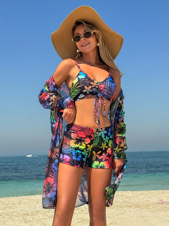 Damen Badeset mit lässigem Kimono und sportlichen Shorts EB