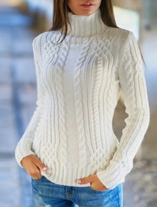 Damen Hochwertiger Strickpullover mit Stehkragen und Zopfmuster EB