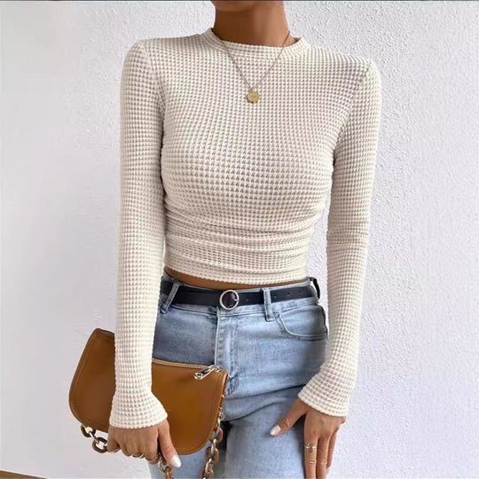 Damen nan tailliertes kurzgeschnittenes Waffelstrickshirt mit Rundhalsausschnitt und figurbetonter Passform EB
