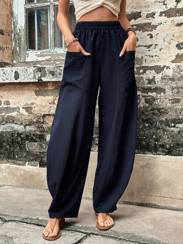 Damen Weite Leinen-Relaxhose mit praktischen Eingrifftaschen EB