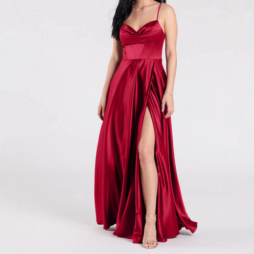 Damen Elegantes Abendkleid mit schimmerndem Satinfinish und tiefem Schlitz EB