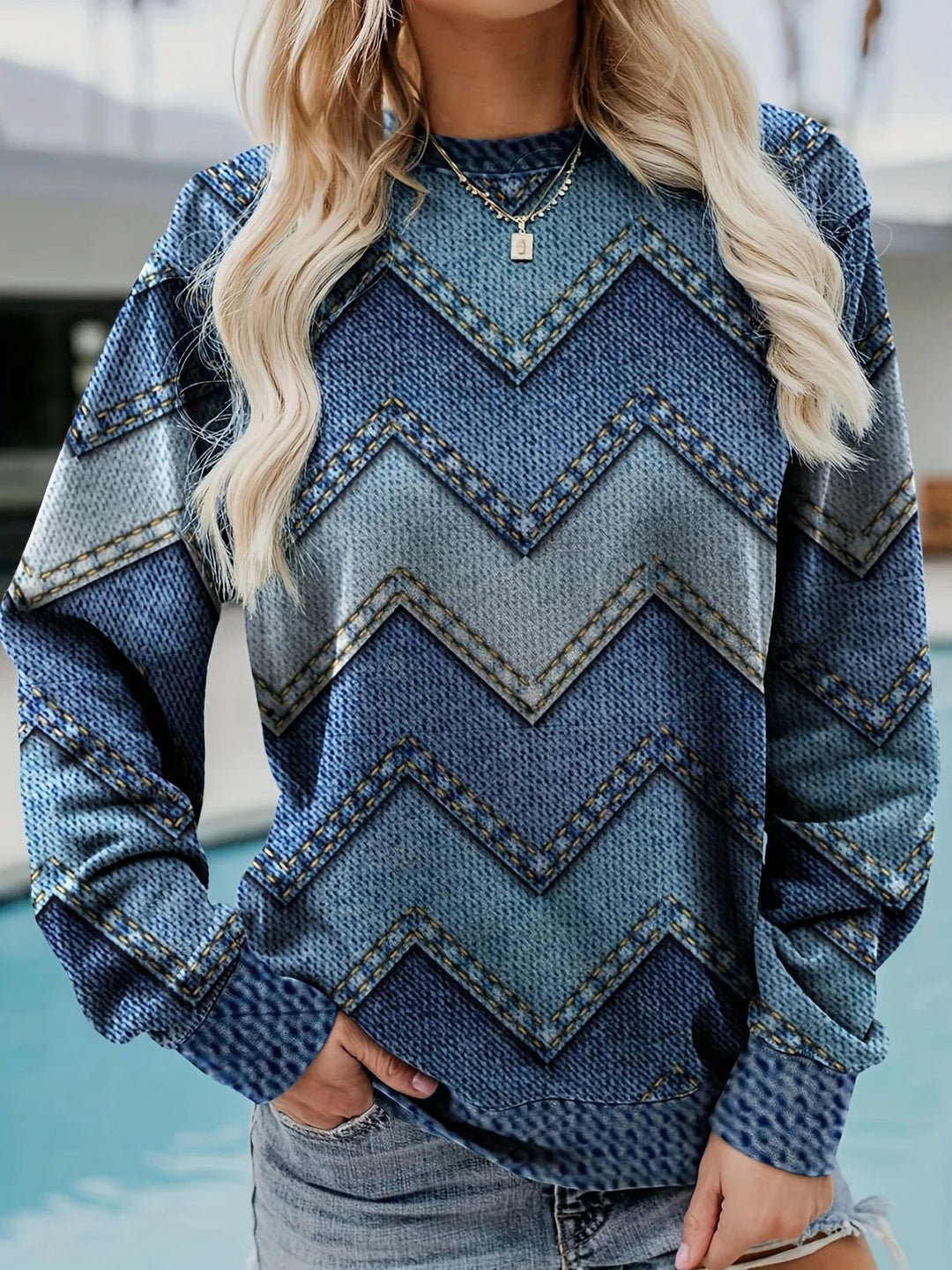 Damen Sweatshirt mit markantem Denim-Zickzack-Muster EB
