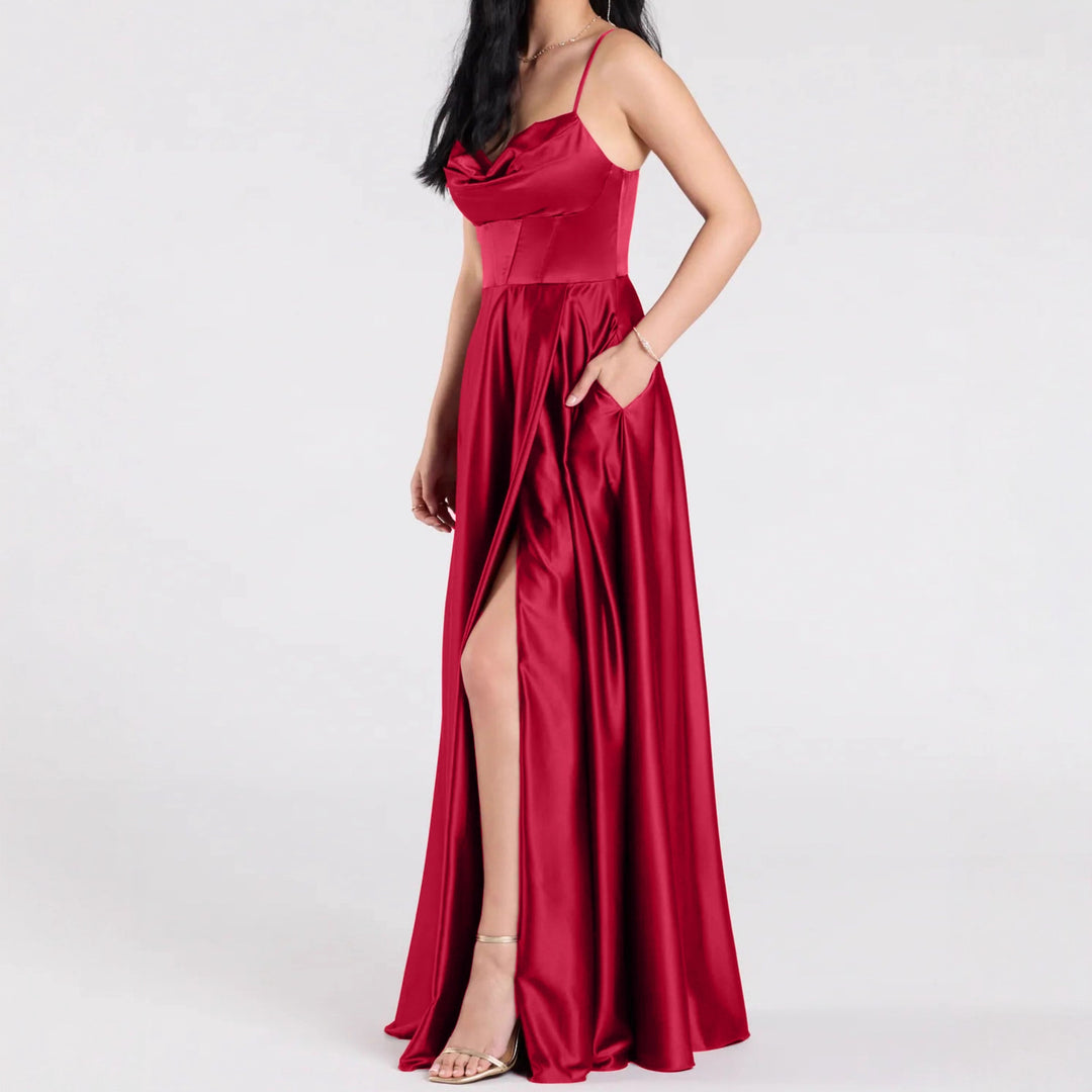 Damen Elegantes Abendkleid mit schimmerndem Satinfinish und tiefem Schlitz EB