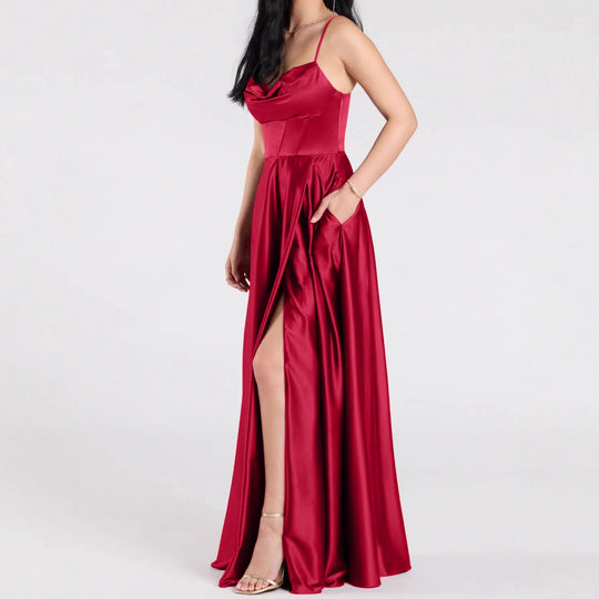 Damen Elegantes Abendkleid mit schimmerndem Satinfinish und tiefem Schlitz EB