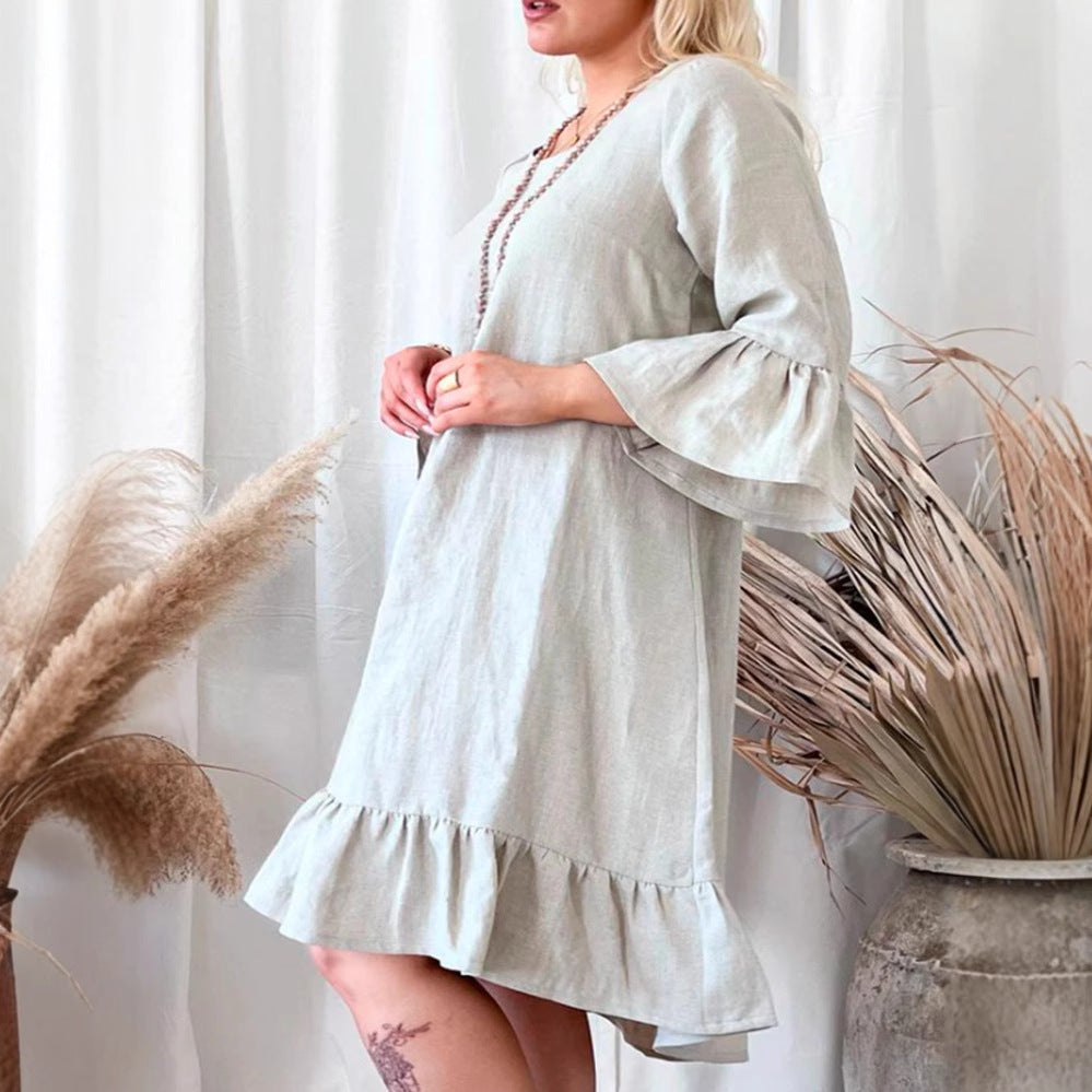 Damen Leichtes Leinenkleid mit Rüschendetails und weitem Schnitt EB