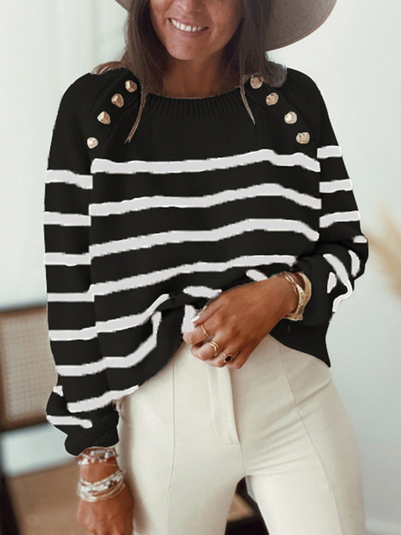 Damen Strickpullover mit zeitlosem Streifenmuster und dekorativen Knopfdetails EB