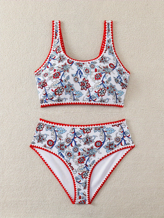 Damen Hochtailliertes Bikini-Set mit floralem Design EB