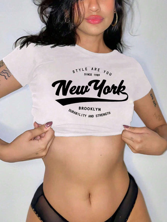 Damen Crop-T-Shirt mit kreativem New York Aufdruck EB