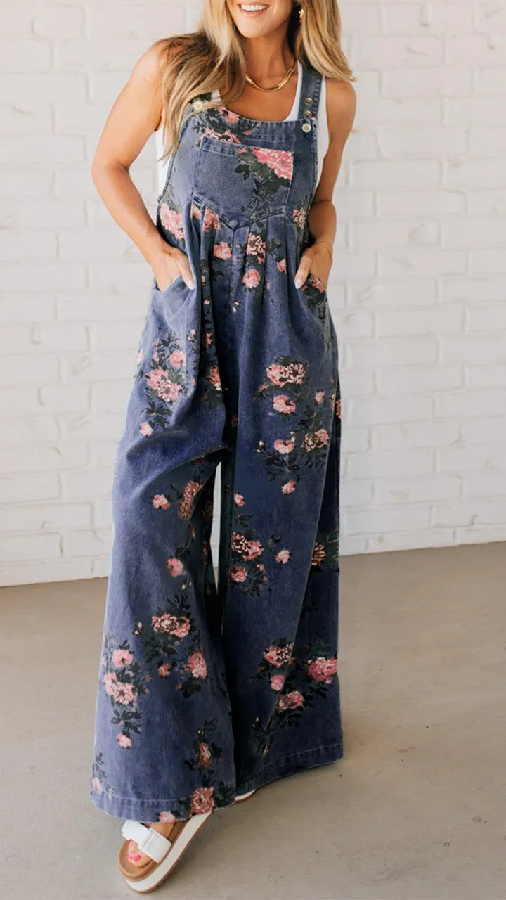 Damen Lässiger Denim-Hosenanzug mit floralem Print und weiten Beinen EB