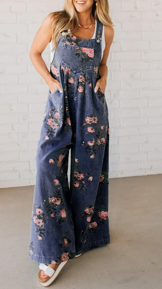 Damen Lässiger Denim-Hosenanzug mit floralem Print und weiten Beinen EB