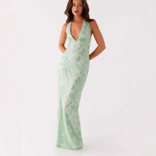 Damen Elegantes Maxikleid mit tiefem V-Ausschnitt und floralen Stickereien EB
