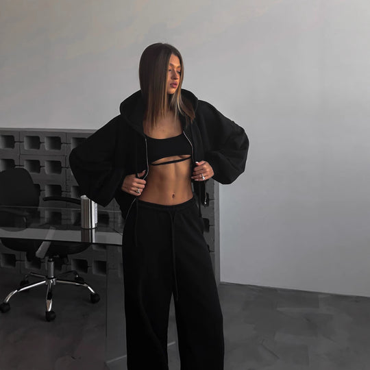 Damen Cropped-Zip-Hoodie und weite High-Waist-Loungehose Zweiteiler EB