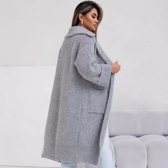 Damen Langer Strickmantel mit Kapuze und praktischen Taschen EB