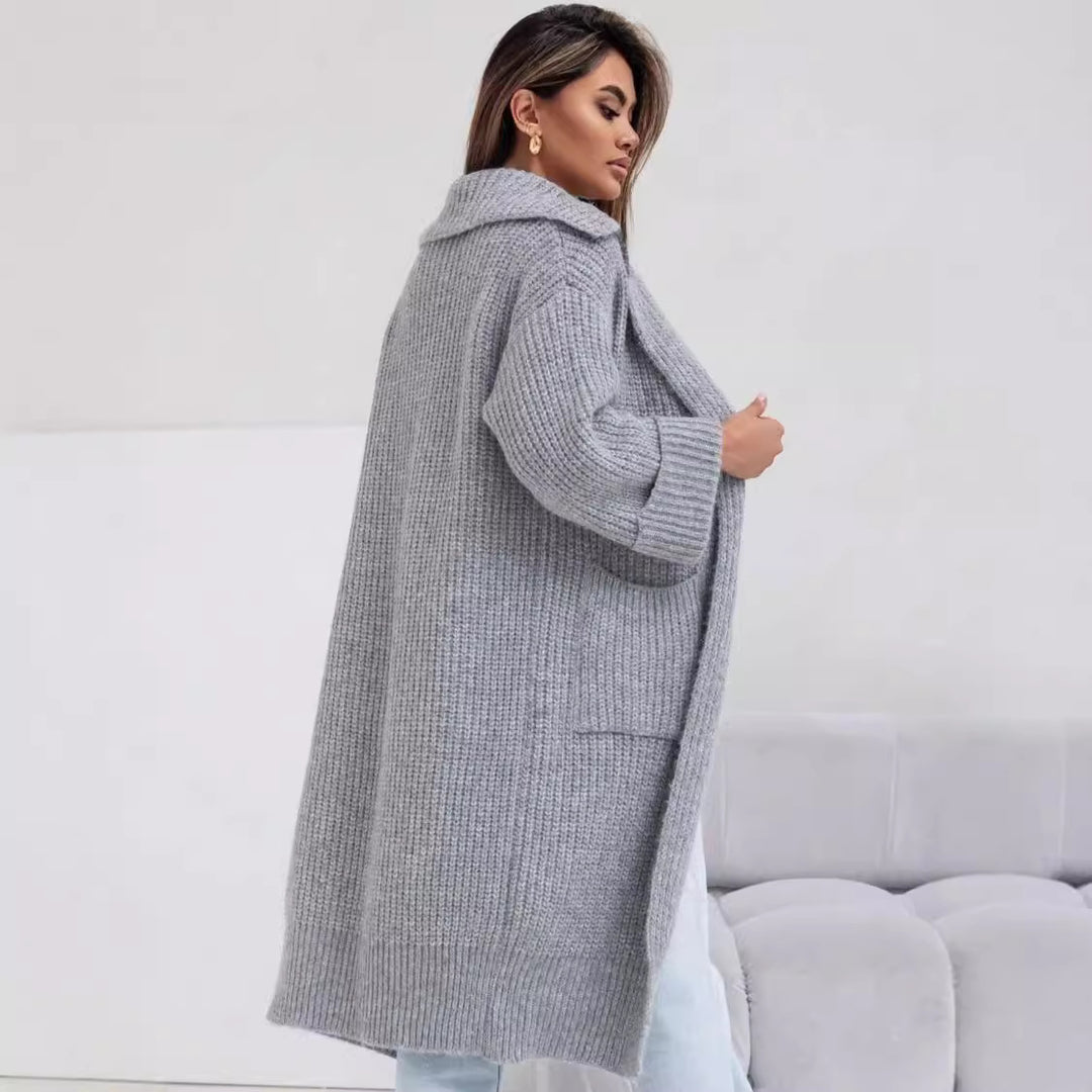 Damen Langstrickjacke mit großem Kragen und praktischen Taschen EB